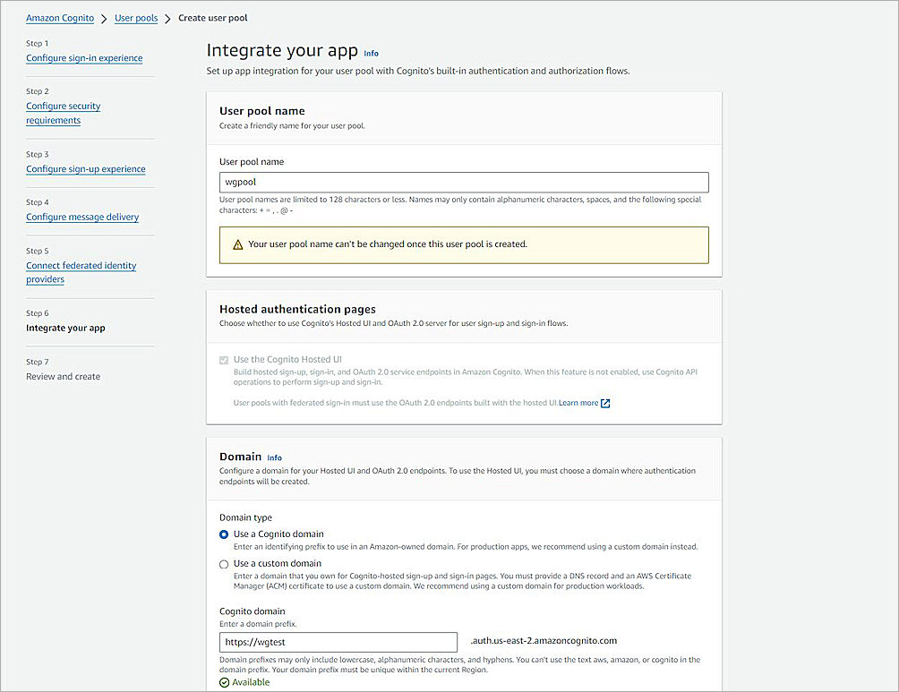 Screenshot of create user pool name.